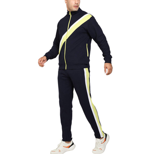 Chándal Azul Marino para Hombre con Franja Diagonal Amarilla Neón, Diseño Deportivo con Cierre Completo, Corte Regular, Ropa de Otoño Transpirable - Product Image 4