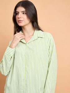 Camisa de Algodón a Rayas para Mujer, con Botones, Manga Tres Cuartos, Corte Holgado, Casual, Primavera-Verano, Cuello Camisero, Popelina Tejida - Product Image 2