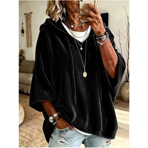 Pull cape à capuche en velours doux de qualité supérieure pour femme, coupe ample vintage avec cordon de serrage, tunique en velours à manches courtes – Vente en gros pour boutiques - Product Image 2