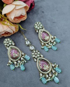 Luxury Pear Shape Uncut Stone Kundan <b>Necklace</b> With Earrings And Mangtika Traditional Ethnic Party Wear Jewellery Set Collections - Product Image 3