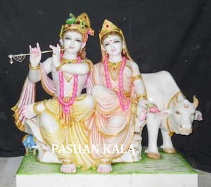 แฮนด์เมดหินอ่อนสีขาว Radha กฤษณะประติมากรรมกับวัว - Product Image 2