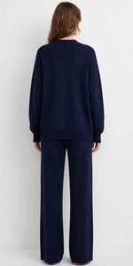 Conjunto de Cárdigan Azul Marino con Cuello en V y Pantalones Anchos para Mujer, Traje Casual con Botones y Manga Larga - Product Image 4