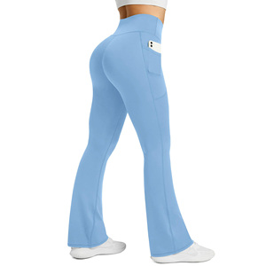 Custom High Waist Full Length Flared Leg Yoga <b>Leggings</b> With <b>Pockets</b> Solid Blue Seamless Stretch For Women - Product Image 6