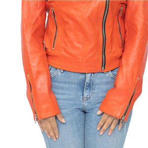 Chaqueta de Motociclista de Cuero Genuino Naranja para Mujer, Manga Larga, Cierre de Cremallera, Cuello Camisero, Estilo Otoñal - Product Image 5