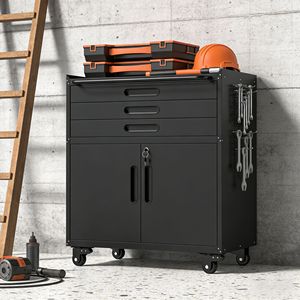 Armadio Portautensili in Metallo con Ruote da 34,3 Pollici, Organizzatore Mobile per Garage con Porte Chiudibili a Chiave e 3 Cassetti - Product Image 1