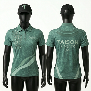 เสื้อโปโลทีมหญิงคุณภาพสูง 240 GSM ผ้าโพลีเอสเตอร์ระบายอากาศได้ดี สีเขียวอมฟ้า-เบจ บริเวณแผงไหล่ พร้อมสกรีนโลโก้ตามสั่ง - Product Image 5