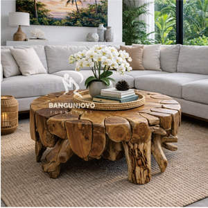 Table basse ronde artisanale moderne en racines de teck pour salon - Product Image 3