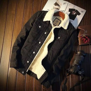 Winter Bomber Jacket Casual Warm <b>Denim</b> <b>Coat</b> Stand Windproof Hooded Vintage <b>Denim</b> Jacket Front 100% Cotton Black Blue - Product Image 6