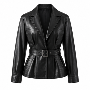 Blouson en cuir de mouton pour femme, court, ceinturé, à revers, vêtement d'extérieur d'automne - Product Image 2