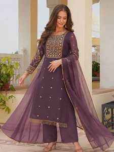 Eco-Friendly Heavy Style Suit Collection Roman Shimmer Silk <b>Sequined</b> Embroidery Sequence Work Top Palazzo Faux Georgette Dupatta - Product Image 1