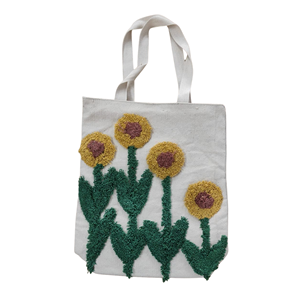 Sac fourre-tout bohème en toile pour femme, sac à bandoulière à fleurs tuftées, sac de shopping d'été réutilisable et portable - Product Image 4