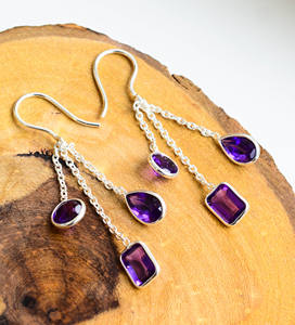 Boucles d'oreilles pendantes triple goutte en améthyste, pierre précieuse naturelle, argent sterling 925 - Product Image 5