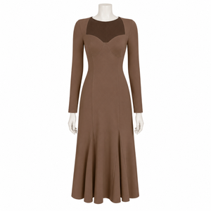 Vestido Largo de Sirena Marrón de Lujo con Mangas Largas para Mujer |   Elegante Vestido de Fiesta Ajustado con Malla en el Pecho |   Cóctel Formal Vintage - Product Image 1