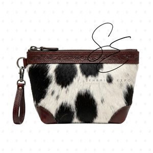 Pochette de poignet en cuir de vachette véritable Western Hair Hide Tooled, pochette zippée en cuir véritable, trousse de toilette, organiseur de voyage, style vintage pour femme, en nylon - Product Image 1