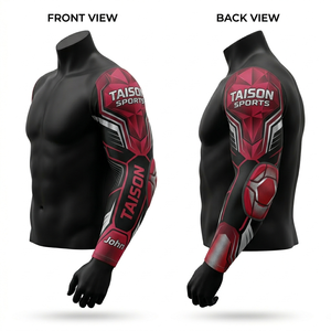 Mens American Football <b>Arm</b> <b>Sleeve</b> 220 GSM Polyester Spandex <b>Compression</b> Fabric Red Black Panel Design Sublimation Custom Logo - Product Image 4