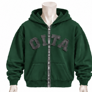 Sweat-shirt à capuche zippé pour homme vert foncé, en molleton épais avec appliqué lettre en chenille, coupe décontractée, style streetwear décontracté avec poches - Product Image 1