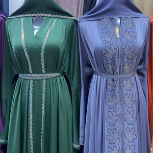 Wholesale Modest Dubai Beaded Sequined <b>Long</b> Sleeve Abaya Muslim Traditional Handmade Wedding Women Polyester Breathable V Neck - Product Image 1