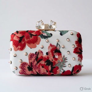 Pochette de soirée brodée florale perlée avec nœud et rabat, capacité jusqu'à 1L - Product Image 1