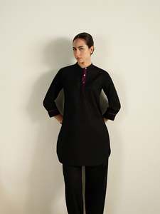 Black V-Neck Midi <b>Dress</b> With Floral Embroidery Three Quarter Sleeve <b>Loose</b> Fit Casual Daily Wear 100% Cotton Woven Fabric - Product Image 1
