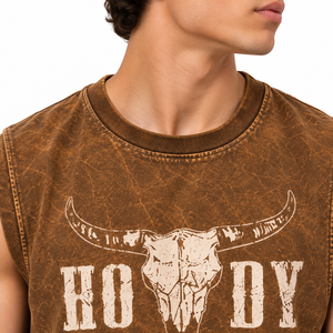 Men's Brown Acid Wash Sleeveless Graphic <b>T</b>-<b>Shirt</b> Longhorn <b>Skull</b> Print Oversized Western Streetwear Muscle Tank Top - Product Image 5