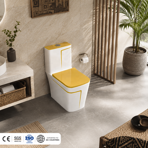 โถสุขภัณฑ์แบบชิ้นเดียว สีขาวเงา แถบสีเหลือง ฝารูปทรงสี่เหลี่ยม ระบบชำระล้างแบบ Washdown ติดตั้งบนพื้น - Product Image 2