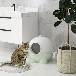 Bac à litière vert clair à capuche pour chat avec poignée supérieure à pédale et pelle étanche recouverte d'un design élégant - Product Image 2