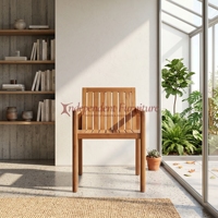 Nouvelle chaise de jardin en teck, style moderne minimaliste, finition naturelle, écologique, durable, pour l'extérieur.