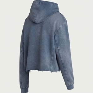 Heavyweight Vintage Copped <b>Hoodies</b> No Strings Distressed Embroidery Patch Unisex Raw Hem Acid Washed Cropped Hoodie <b>Men</b> - Product Image 4