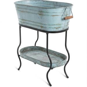 Bañeras ovaladas grandes de metal galvanizado para vino con soporte y asas de madera, enfriador de bebidas independiente para fiestas, cubo de hielo para eventos en interiores - Product Image 1