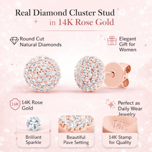Boucles d'oreilles à grappe de diamants véritables en or rose 14 carats |   Diamant naturel taille ronde, bijoux fins pour femmes, élégant, à porter au quotidien, cadeau - Product Image 4