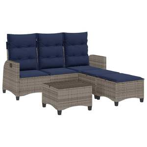 Conjunto de sofás de jardín con forma de L, ratán PE gris, cojines azul marino, muebles de patio - Product Image 2