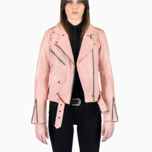 Chaqueta de Motociclista de Cuero Genuino Rosa para Mujer, Manga Larga, Cierre de Cremallera, Cuello Camisero, Color Sólido, Estilo Otoñal - Product Image 1