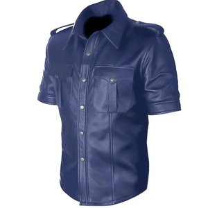 Chemise à manches courtes en cuir PU pour homme, col rabattu, couleur unie, veste décontractée d'hiver avec poches, coupe ajustée, logo sur le devant - Product Image 4