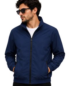 Navy <b>Blue</b> <b>Men</b> Bomber Jacket Lightweight Full Zip Casual Windbreaker Stand Collar Streetwear Autumn Fashion Coat Outerwear - Product Image 1