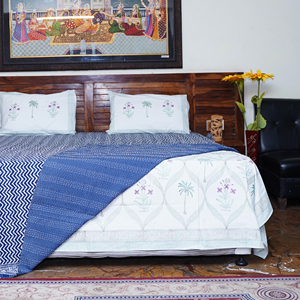 Blue Printed Bohemian Fluffy Organic Cotton <b>Quilt</b> Blanket Handmade Zigzag Floral Pareo Wrap <b>Throw</b> Soft Breathable Unisex Bedding - Product Image 5