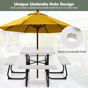 Grand ensemble de table de pique-nique d'extérieur - 4 bancs, trou pour parasol, matériau HDPE - Durable et résistant aux intempéries pour patio et jardin - Product Image 6