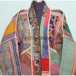 Veste à col roulé boutonnée en coton 100% pour femme, tricotée à la main, réversible, écologique, respirante, séchage rapide, style vintage Kantha - Product Image 3