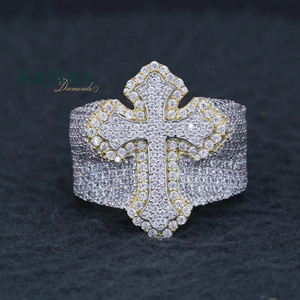 925 <b>Silver</b> <b>Cross</b> Cocktail <b>Ring</b> With Moissanite Pave Setting 18K Gold Plated Religious Unisex Jewelry - Product Image 1