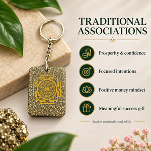 Llavero Rectangular Tallado con Diseño de Sri Yantra en Dorado sobre Fondo Moteado, Arte Portátil Coleccionable con Temática Budista - Product Image 4