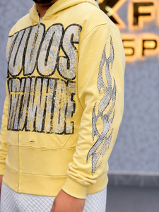 เสื้อฮู้ดซิปเต็มตัวสไตล์วินเทจสีเหลืองทรงโอเวอร์ไซส์ ประดับคริสตัลลายกราฟิก แฟชั่นสตรีท สั่งผลิตเสื้อผ้าจากโรงงาน รับผลิตแบบ OEM ขายส่งจำนวนมาก - Product Image 5