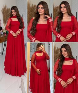 Women's Red Floor-Length Traditional <b>Dress</b> <b>With</b> Lace Sleeves And <b>Cape</b> Loose Fit <b>Wedding</b> Attire India Pakistan Style - Product Image 4