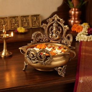 Urli de Latón Auspicioso con Ídolo de Ganesha y Asas, Tallado Étnico, Ecológico, Decoración para Bodas y Hogar - Product Image 6