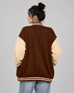 Purple Varsity <b>Jacket</b> With White Sleeves Embroidered Letter S Button Closure Regular Length Autumn Wear - Product Image 4