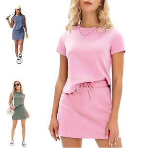 Women's Two Piece <b>Knitted</b> <b>Set</b> Sleeveless O-Neck Top Drawstring Skirt Solid Color Casual Spring Summer Wear Anti-Pilling 100% - Product Image 1