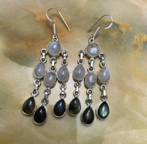 Boucles d'oreilles fines en argent sterling 925 Labradorite naturelle Pierre de lune Multi-Stone Drop Statement Style bohème Boho - Product Image 1