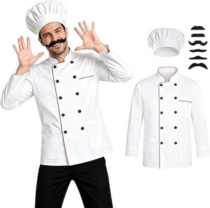 Chaqueta de Chef Blanca de Manga Larga para Hombre con Gorro y Bigote, Uniforme para Restaurante o Bar, Cierre de Botones, Tejido de Algodón - Product Image 1