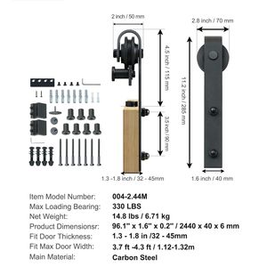 Kit Ferramenta per Porta Scorrevole a Binario Singolo Rinforzato da 2,4 m, Capacità di Carico 150 kg, Compatibile con Materiali in Nylon Larghi 1,15 m - 1,3 m, Spessore 3,3 cm - Product Image 6