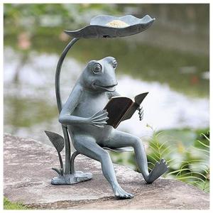 Statue de grenouille assise en métal avec base ronde en pierre pour fournitures de jardin, décoration extérieure, finition patine verte antique - Product Image 5