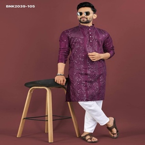 Kurta de Manga Larga y Cuello Nehru con Bordado de Lentejuelas en Seda Viscosa de Alta Calidad y Pijama de Algodón, Suministro al por Mayor - Product Image 1