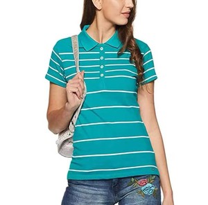 Polo a Rayas para Mujer, Manga Corta, Largo Regular, Tela Oxford de Algodón, Estilo Casual, Transpirable, Blanco con Rayas Verde Azulado - Product Image 3